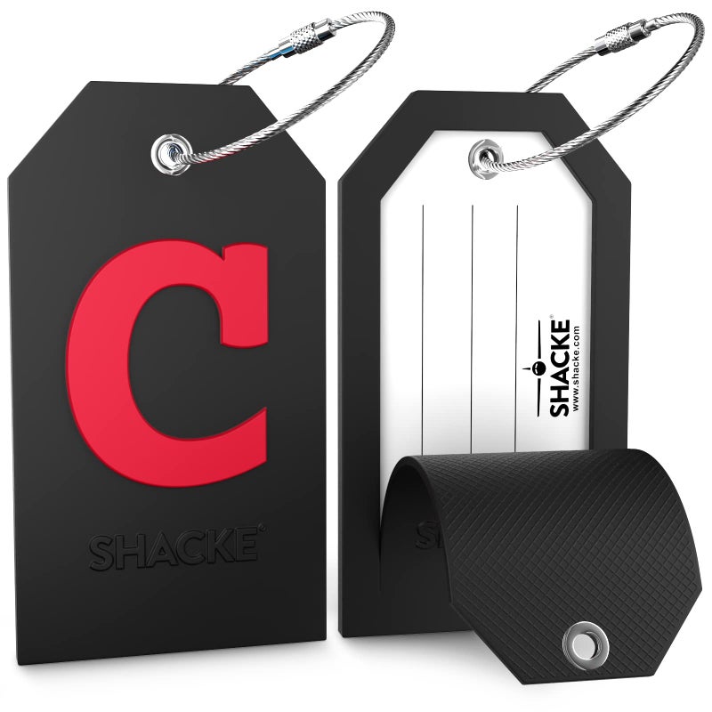 Shacke Large Luggage Tag Initial with Full Privacy Cover and Stainless Steel Loop - Black (Letter C) - Image 2